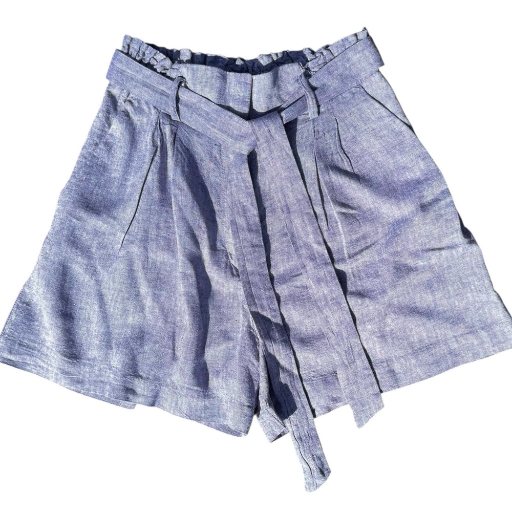 H&M Linen Women's Blue Shorts w/ Tied Belt Paper bag Waistline US Size 4 Used